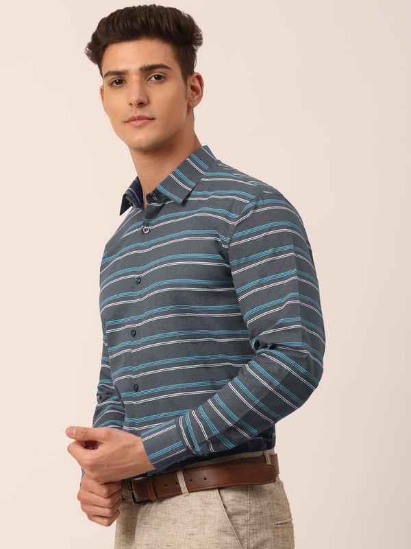 Jainish Men's Cotton Striped Formal Shirts ( SF 820Grey ) - Distacart