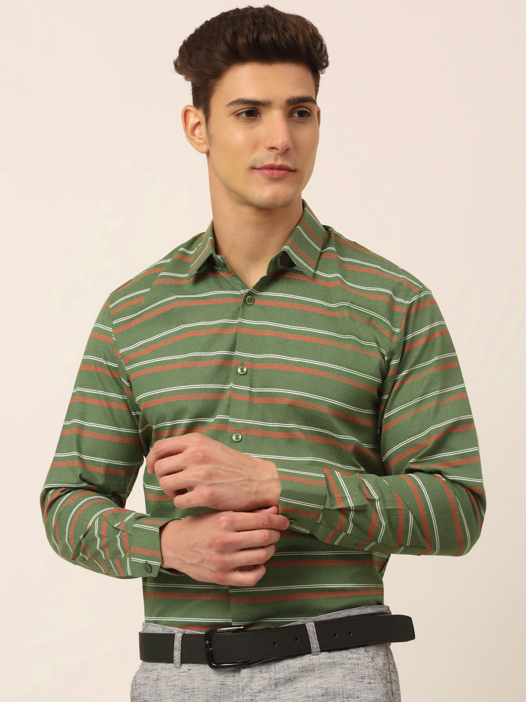 Jainish Men's Cotton Striped Formal Shirts ( SF 820Olive ) - Distacart