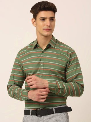 Jainish Men's Cotton Striped Formal Shirts ( SF 820Olive ) - Distacart