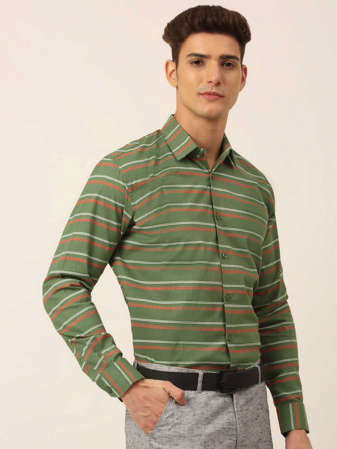 Jainish Men's Cotton Striped Formal Shirts ( SF 820Olive ) - Distacart
