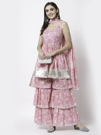 Thumbnail for Myshka Women Pink Pure Cotton Printed Sleeveless Round Neck Kurta With Sharara & Dupatta Set