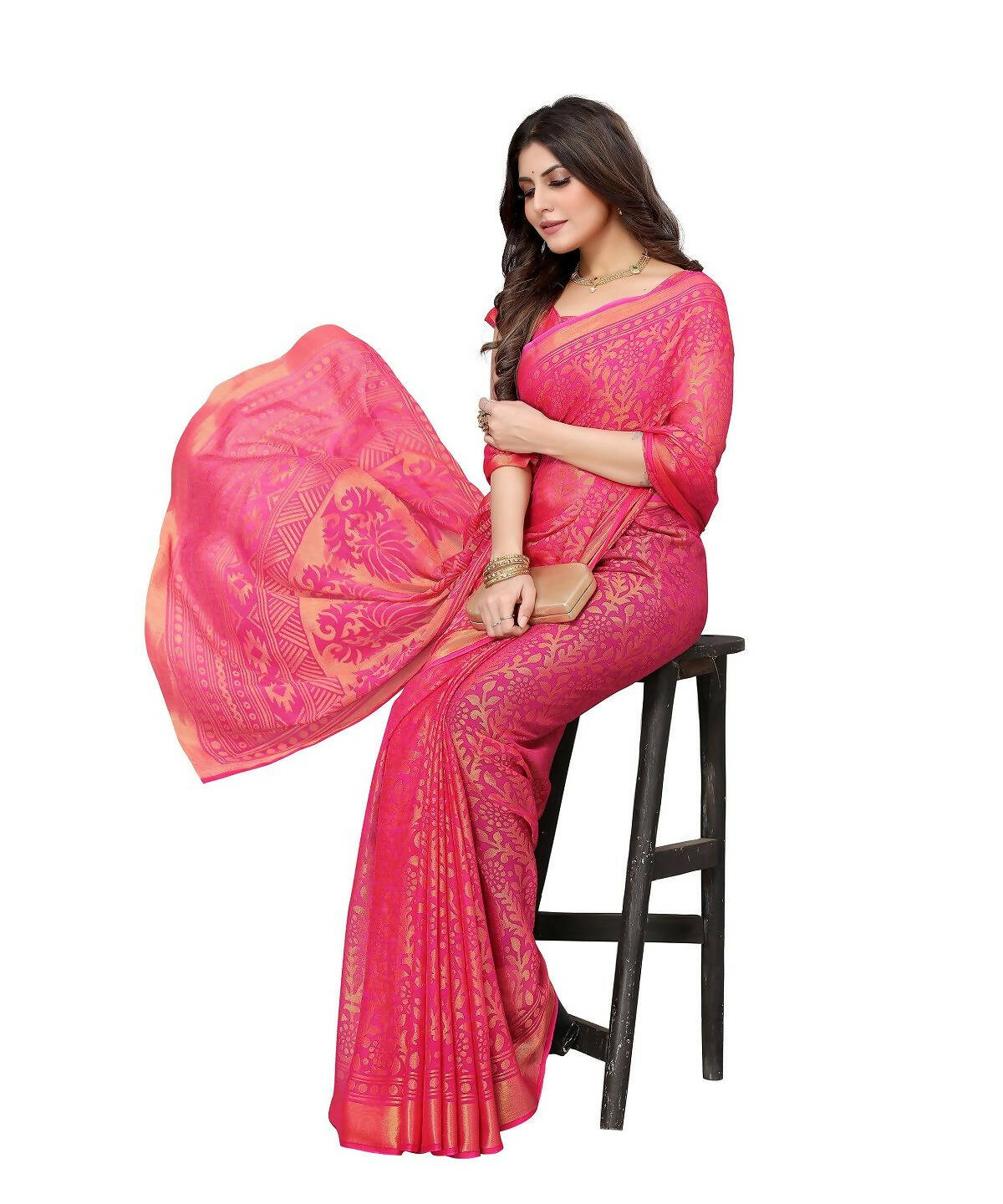Vamika Pink Chiffon Brasso Bollywood Style Woven Saree (AARADHYA PINK) - Distacart