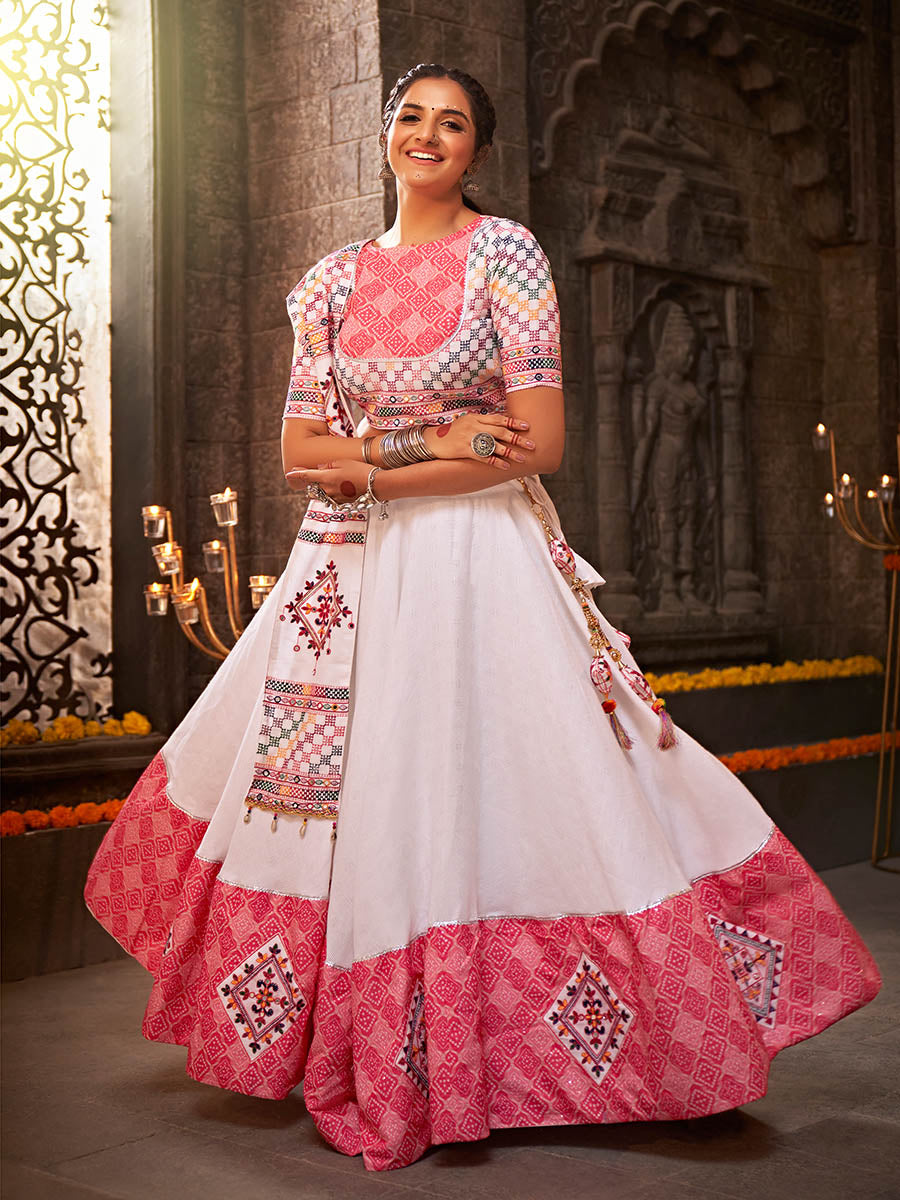 Myra White and Pink Jaquard Cotton Embroidered Designer Lehenga - Distacart