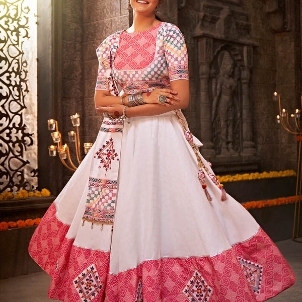 Myra White and Pink Jaquard Cotton Embroidered Designer Lehenga - Distacart
