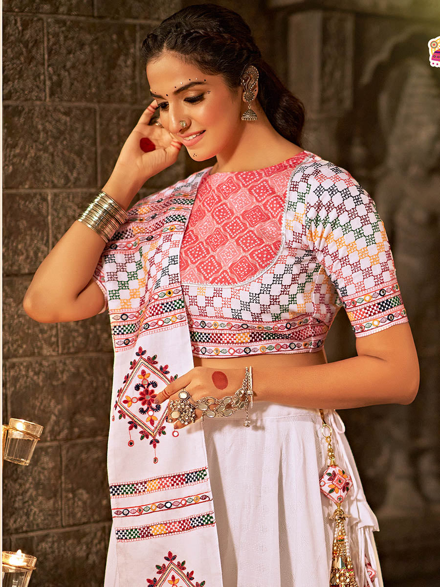 Myra White and Pink Jaquard Cotton Embroidered Designer Lehenga - Distacart