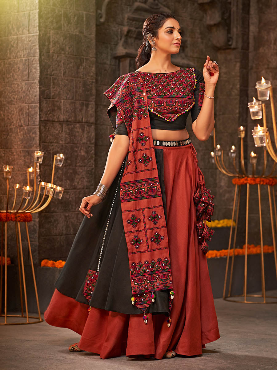 Myra Orange Cotton Embroidered Designer Navratri Special Lehenga - Distacart