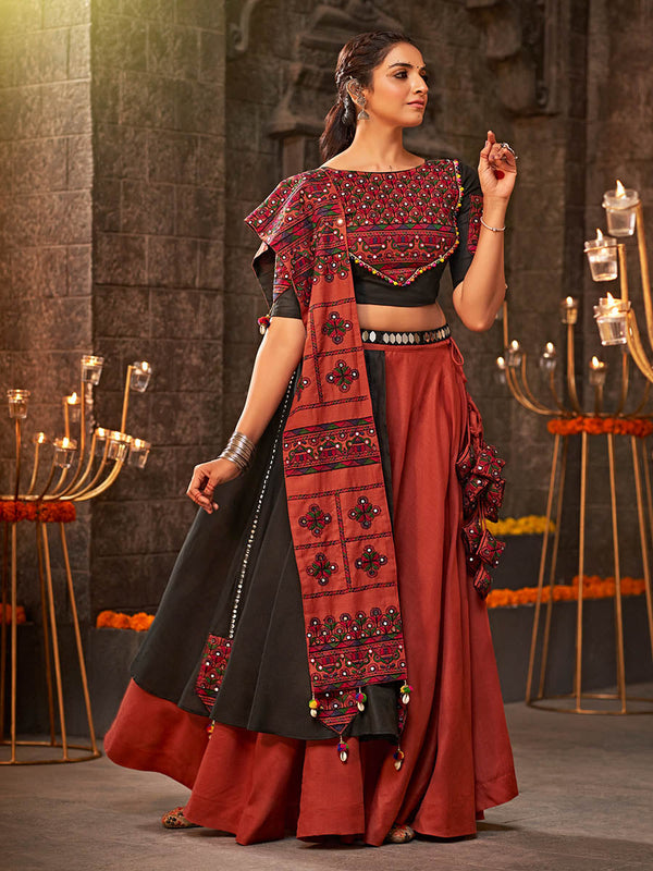 Myra Orange Cotton Embroidered Designer Navratri Special Lehenga - Distacart