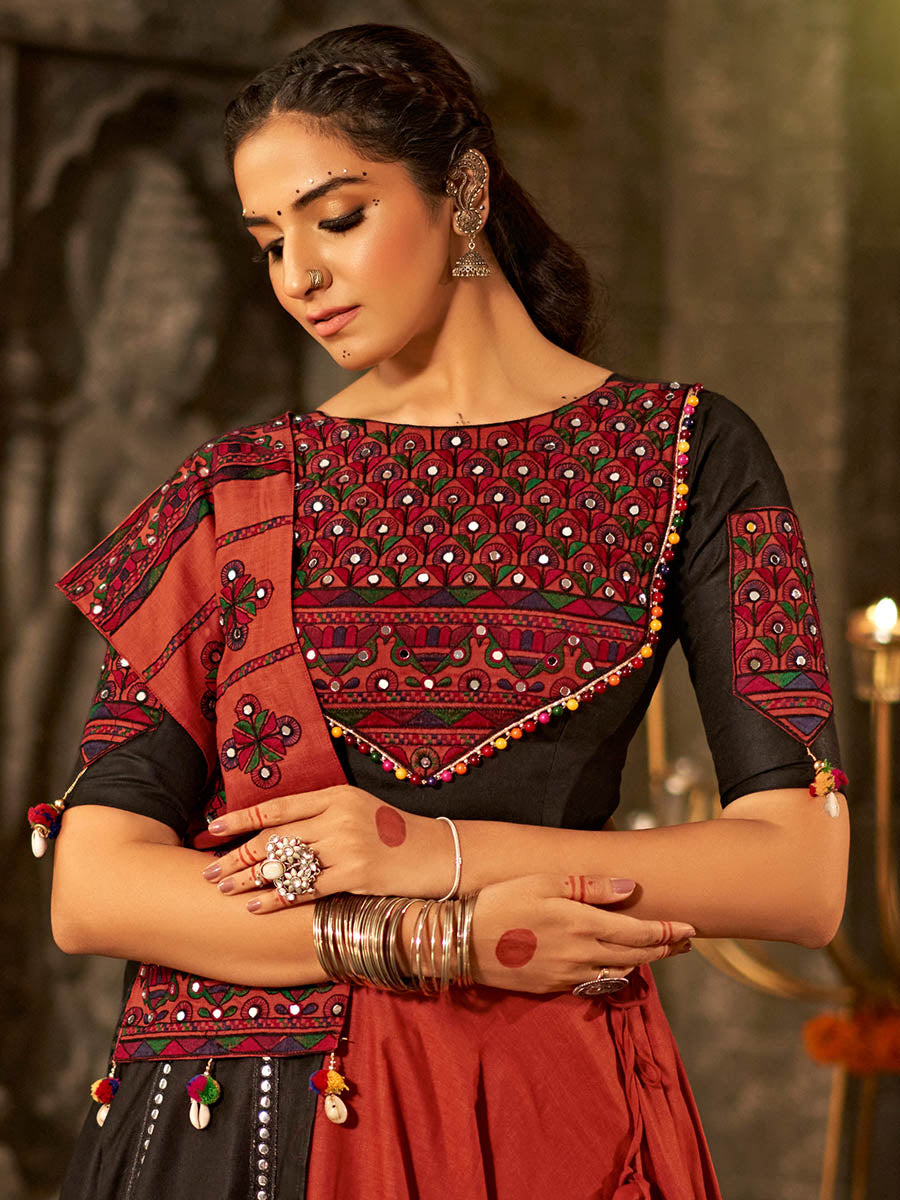 Myra Orange Cotton Embroidered Designer Navratri Special Lehenga - Distacart