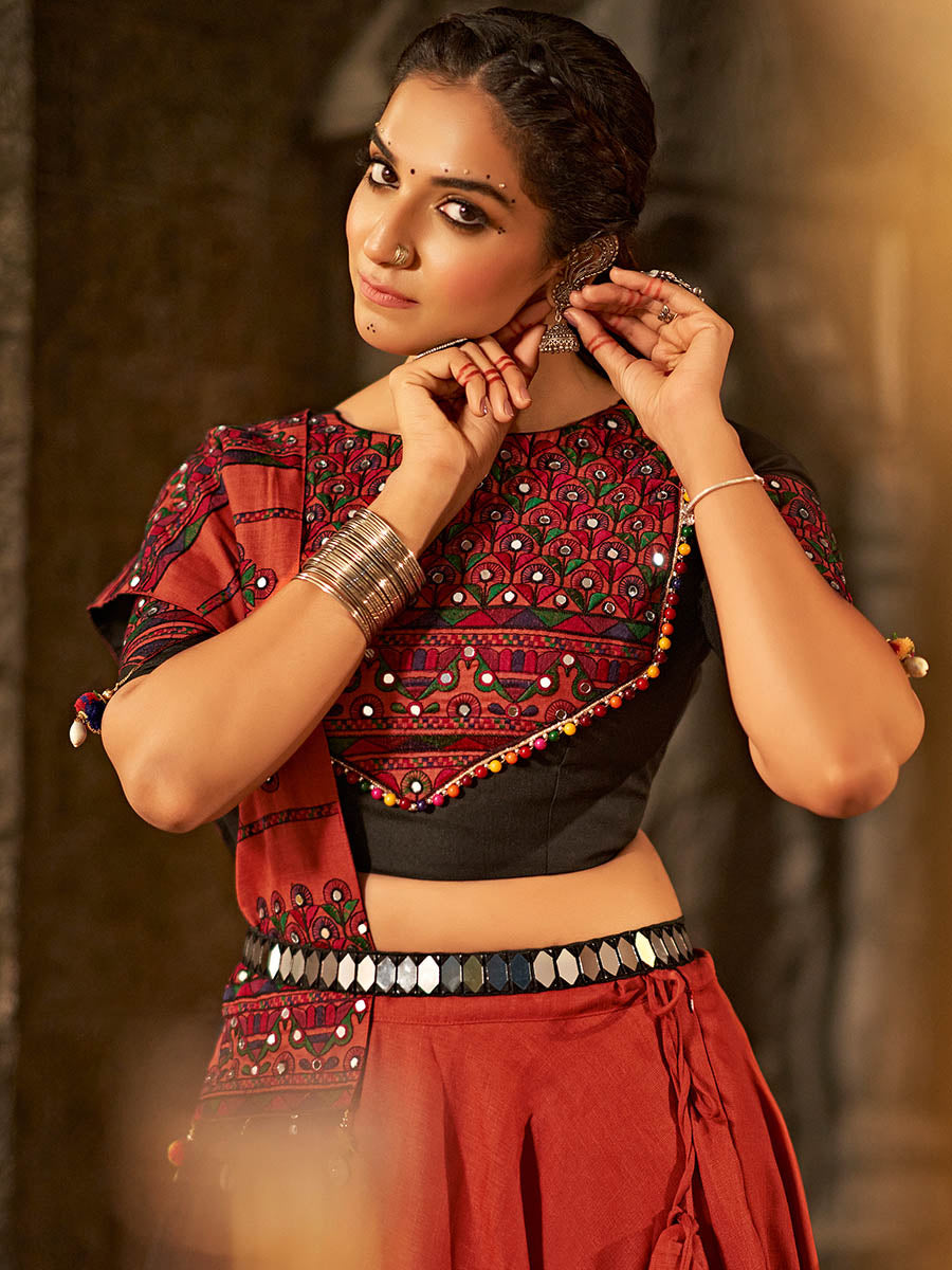 Myra Orange Cotton Embroidered Designer Navratri Special Lehenga - Distacart