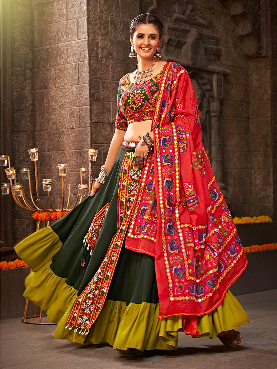 Myra Green Viscose Rayon Embroidered Designer Navratri Special Lehenga - Distacart