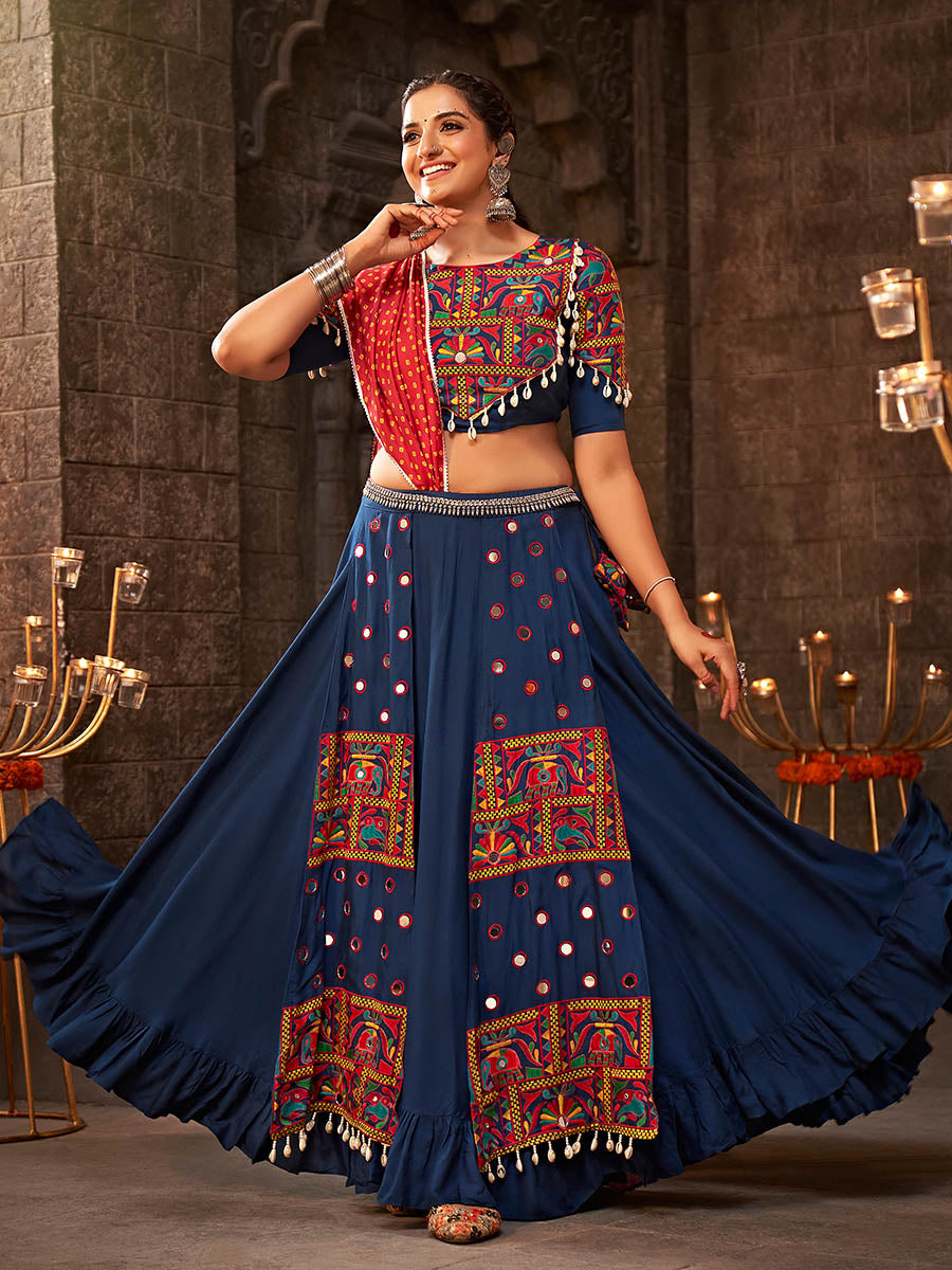 Myra Blue Viscose Rayon Embroidered Designer Navratri Special Lehenga - Distacart