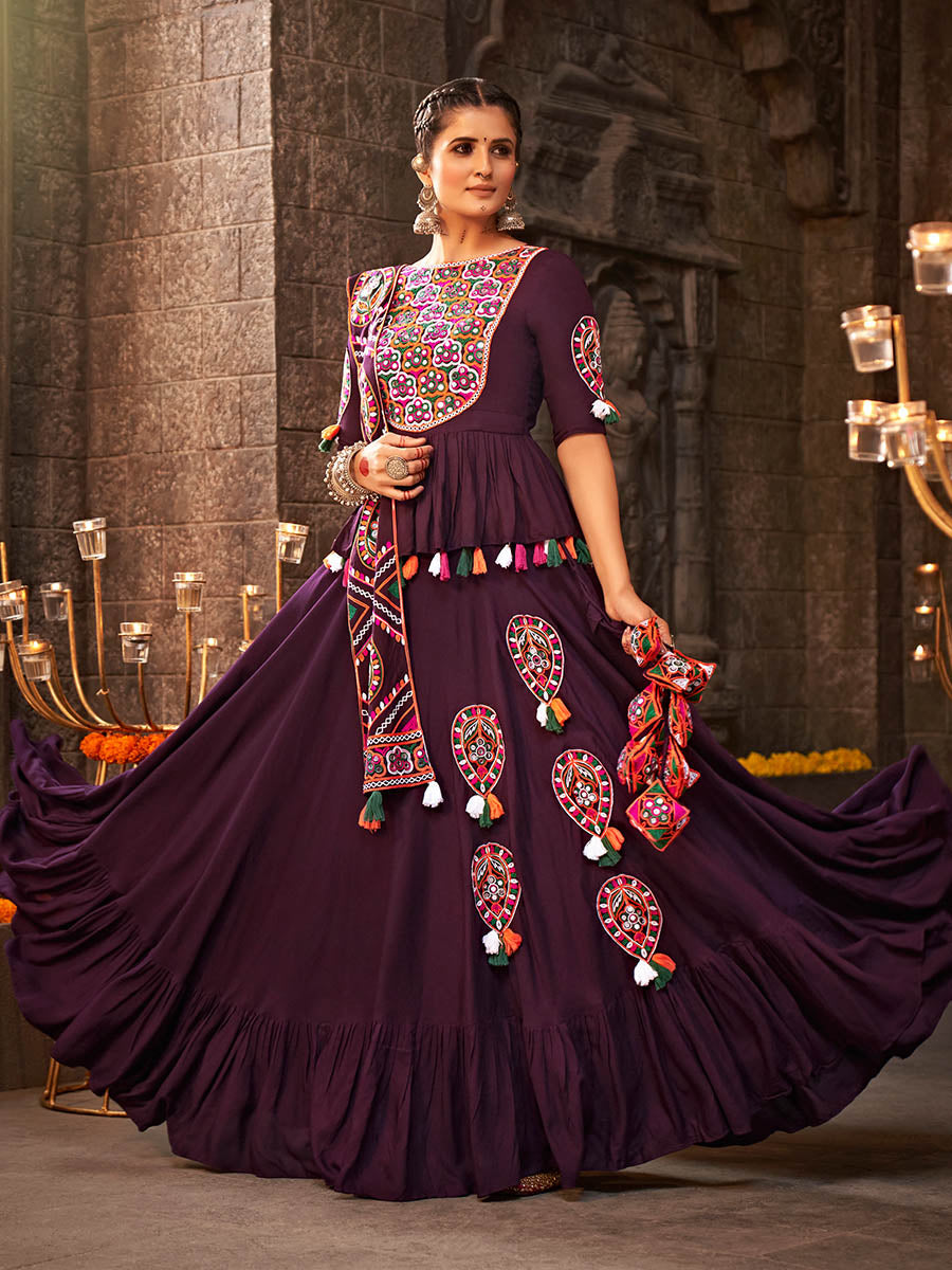 Myra Purple Viscose Rayon Embroidered Designer Navratri Special Lehenga - Distacart