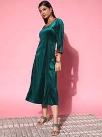 Thumbnail for Lyush Women's Emerald Green Velvet Zari Emb Anarkali Dress - Distacart
