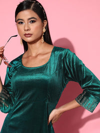 Thumbnail for Lyush Women's Emerald Green Velvet Zari Emb Anarkali Dress - Distacart