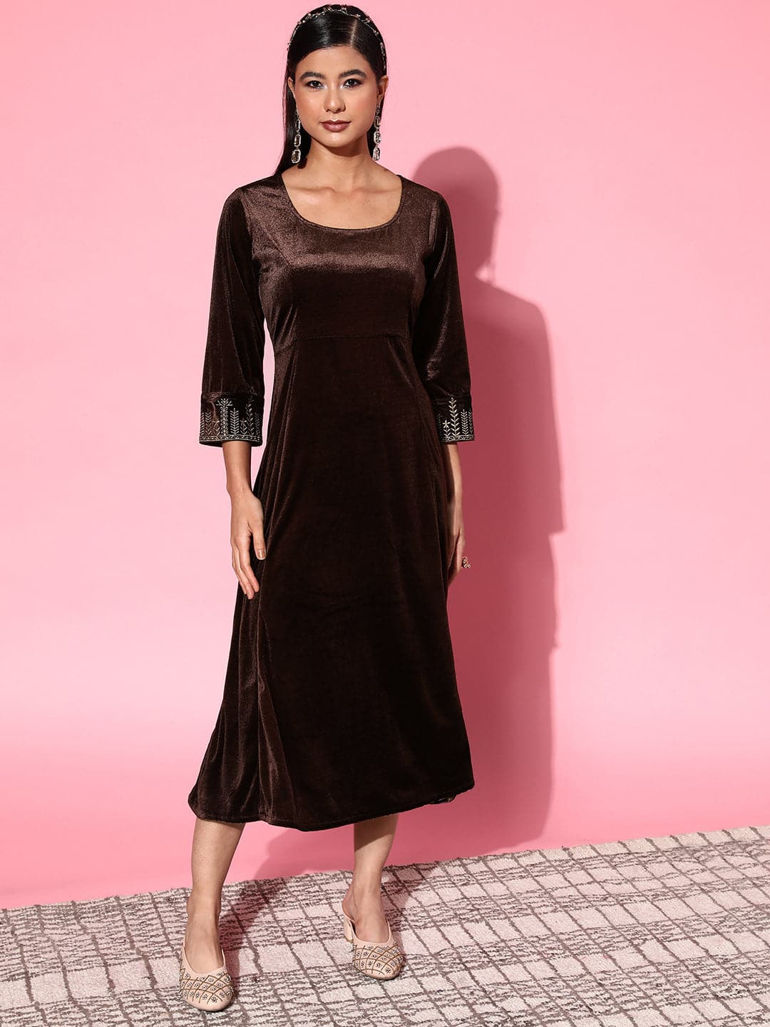 Lyush Women's Brown Velvet Zari Embroidered Anarkali Dress - Distacart