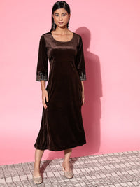 Thumbnail for Lyush Women's Brown Velvet Zari Embroidered Anarkali Dress - Distacart