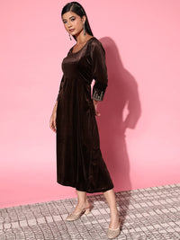 Thumbnail for Lyush Women's Brown Velvet Zari Embroidered Anarkali Dress - Distacart