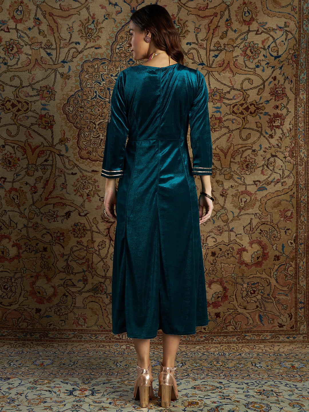 Lyush Women's Emerald Green Velvet Zari Embroidered Anarkali Dress - Distacart