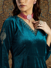Thumbnail for Lyush Women's Emerald Green Velvet Zari Embroidered Anarkali Dress - Distacart