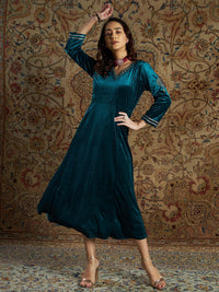 Thumbnail for Lyush Women's Emerald Green Velvet Zari Embroidered Anarkali Dress - Distacart