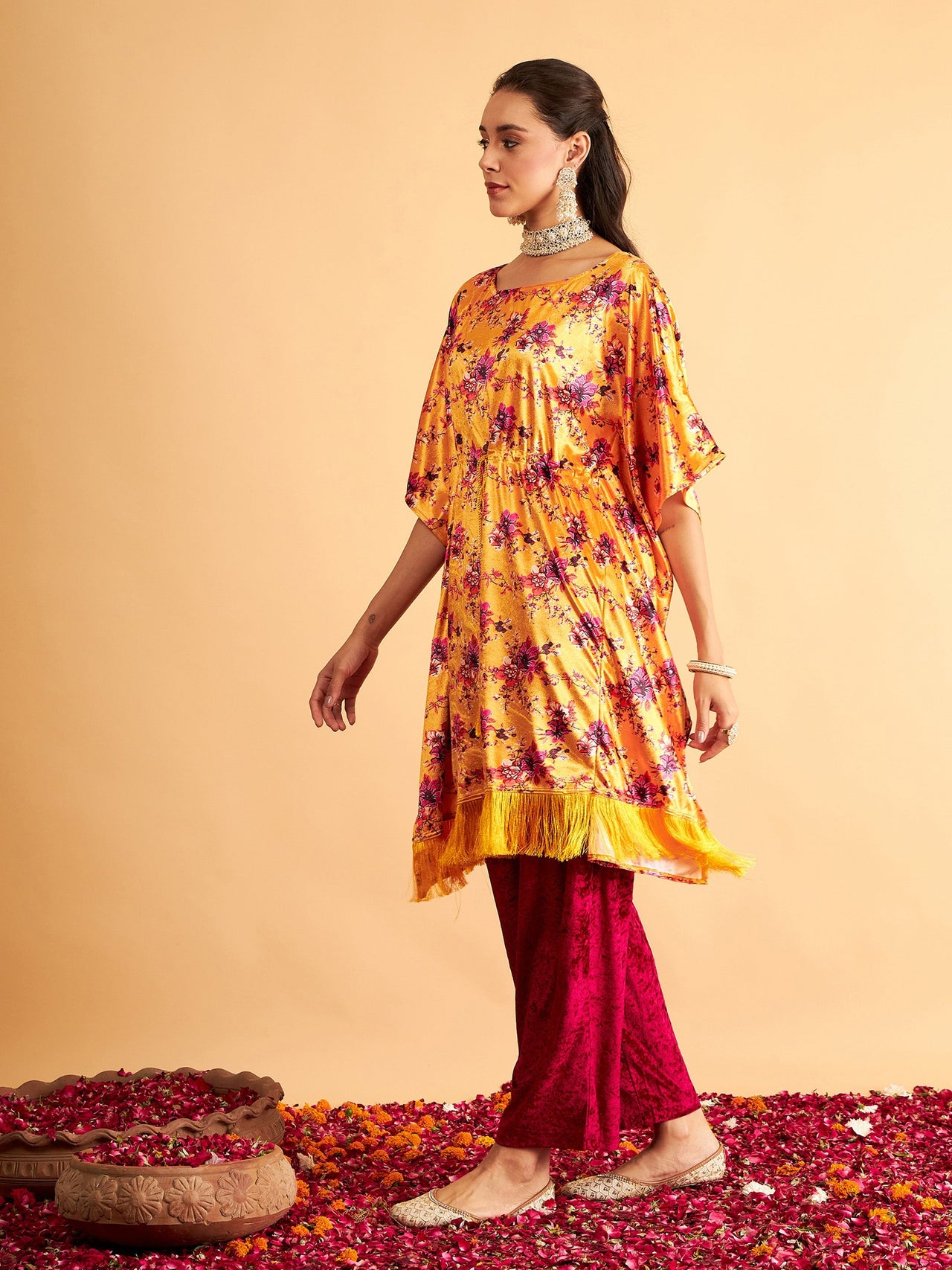Lyush Women Orange Floral Velvet High Low Kaftan Dress - Distacart