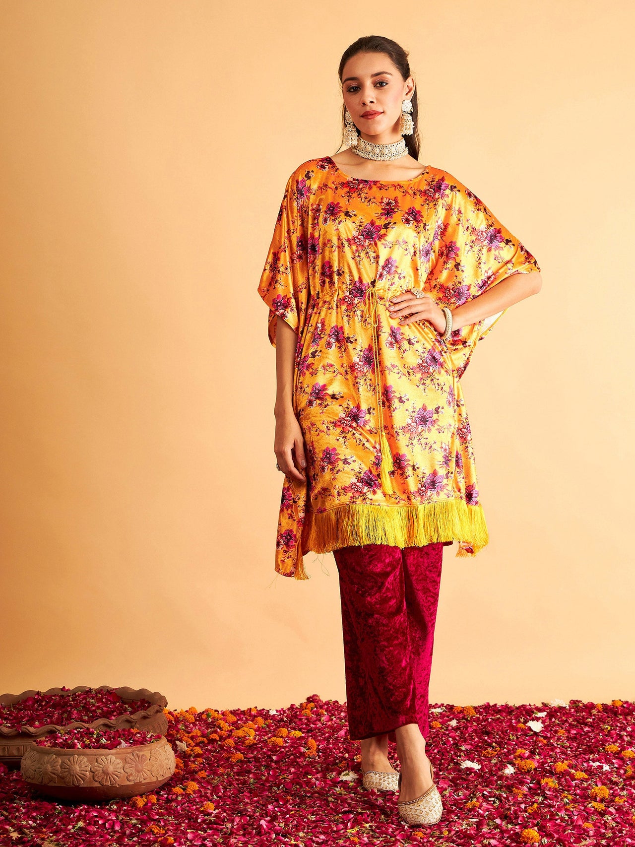 Lyush Women Orange Floral Velvet High Low Kaftan Dress - Distacart