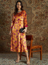 Thumbnail for Lyush Women's Orange Floral Velvet Printed Anarkali Dress - Distacart