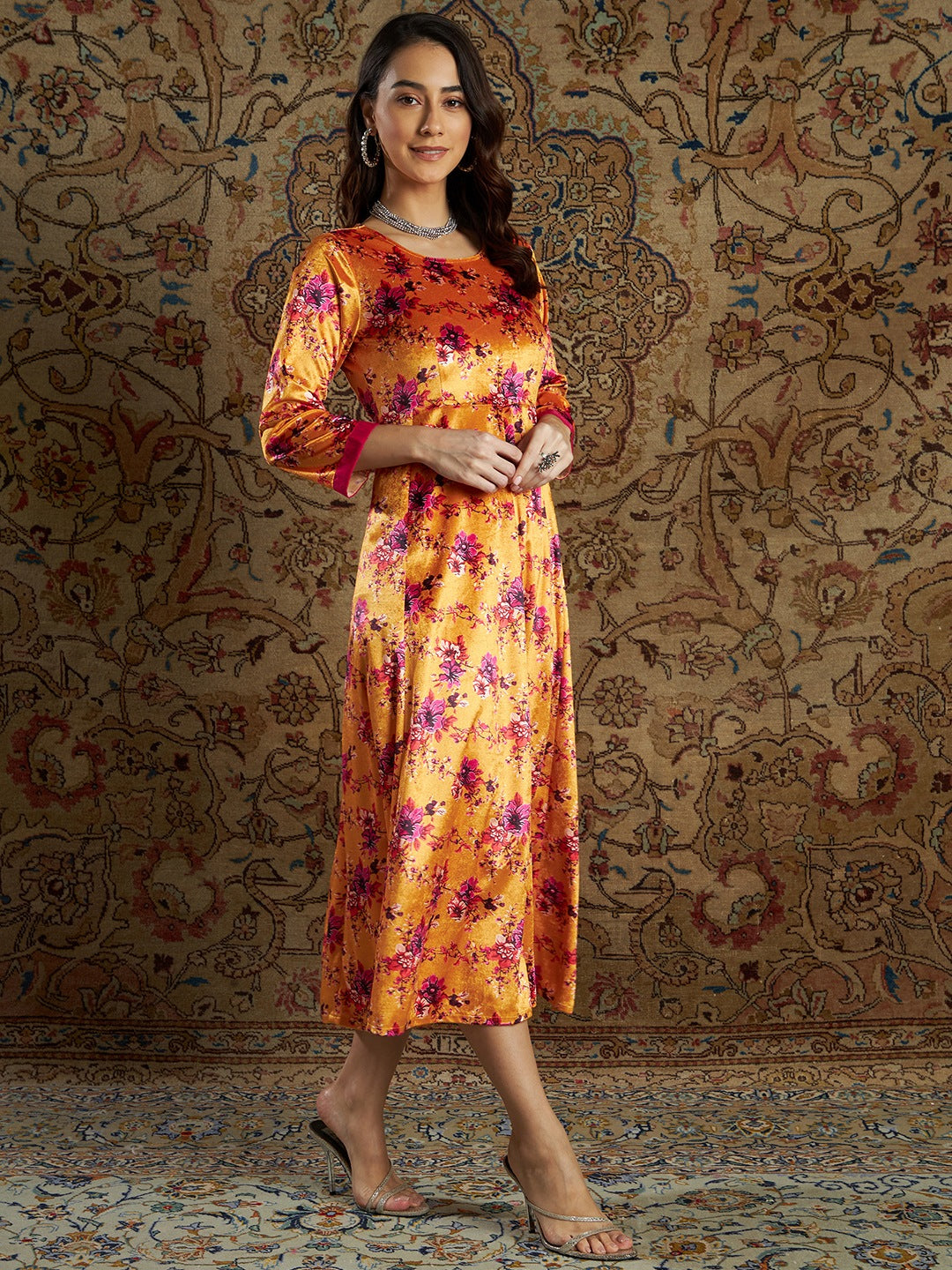 Lyush Women's Orange Floral Velvet Printed Anarkali Dress - Distacart