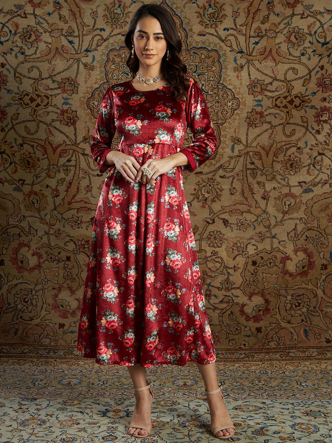 Lyush Women's Maroon Floral Velvet Printed Anarkali Dress - Distacart