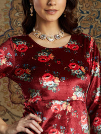 Thumbnail for Lyush Women's Maroon Floral Velvet Printed Anarkali Dress - Distacart
