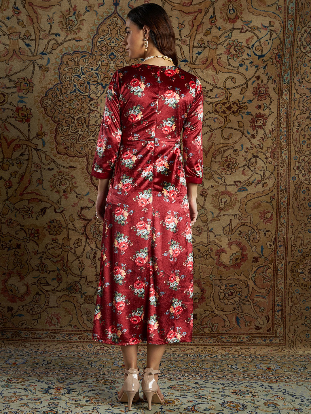 Lyush Women's Maroon Floral Velvet Printed Anarkali Dress - Distacart