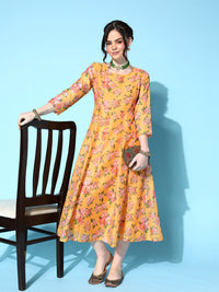 Thumbnail for Lyush Women's Yellow Floral Anarkali Maxi Dress - Distacart