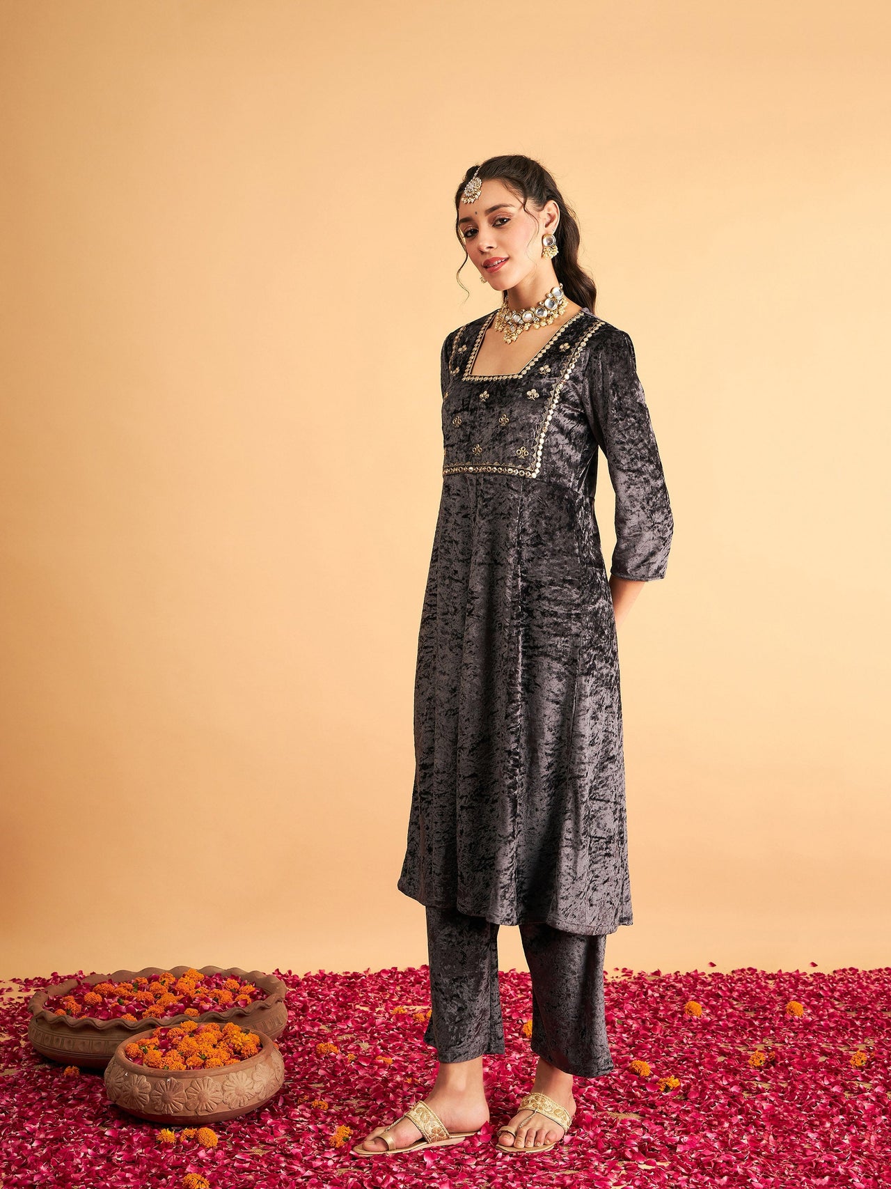 Lyush Women Grey Velvet Embroidered Anarkali Dress - Distacart