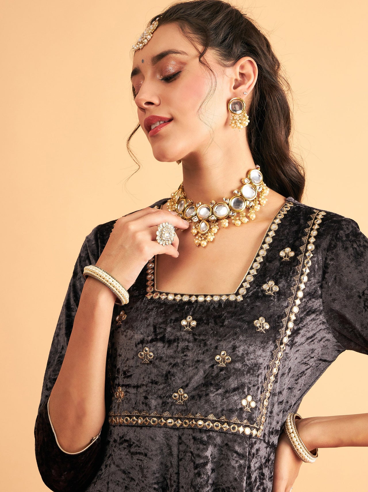 Lyush Women Grey Velvet Embroidered Anarkali Dress - Distacart