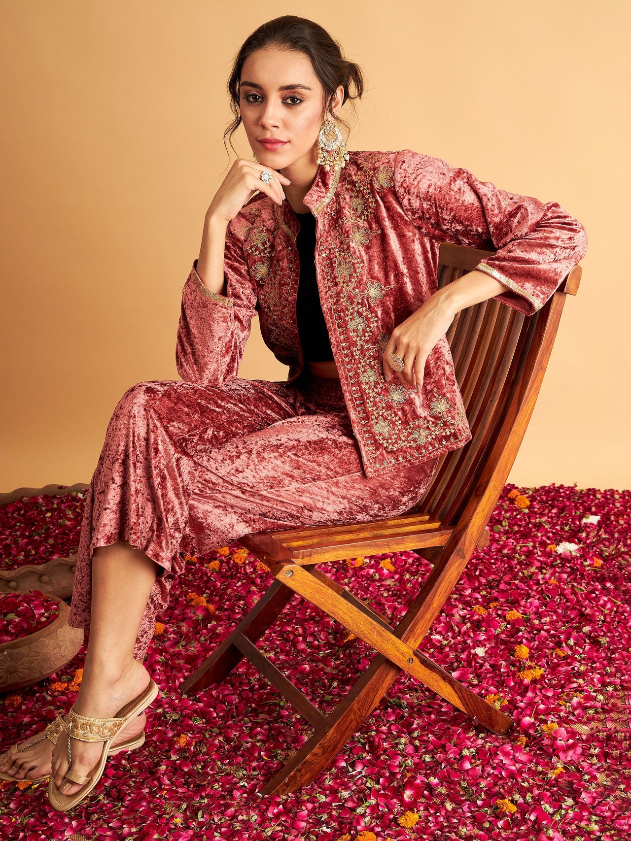 Lyush Women Pink Velvet Front Embroidered Jacket - Distacart