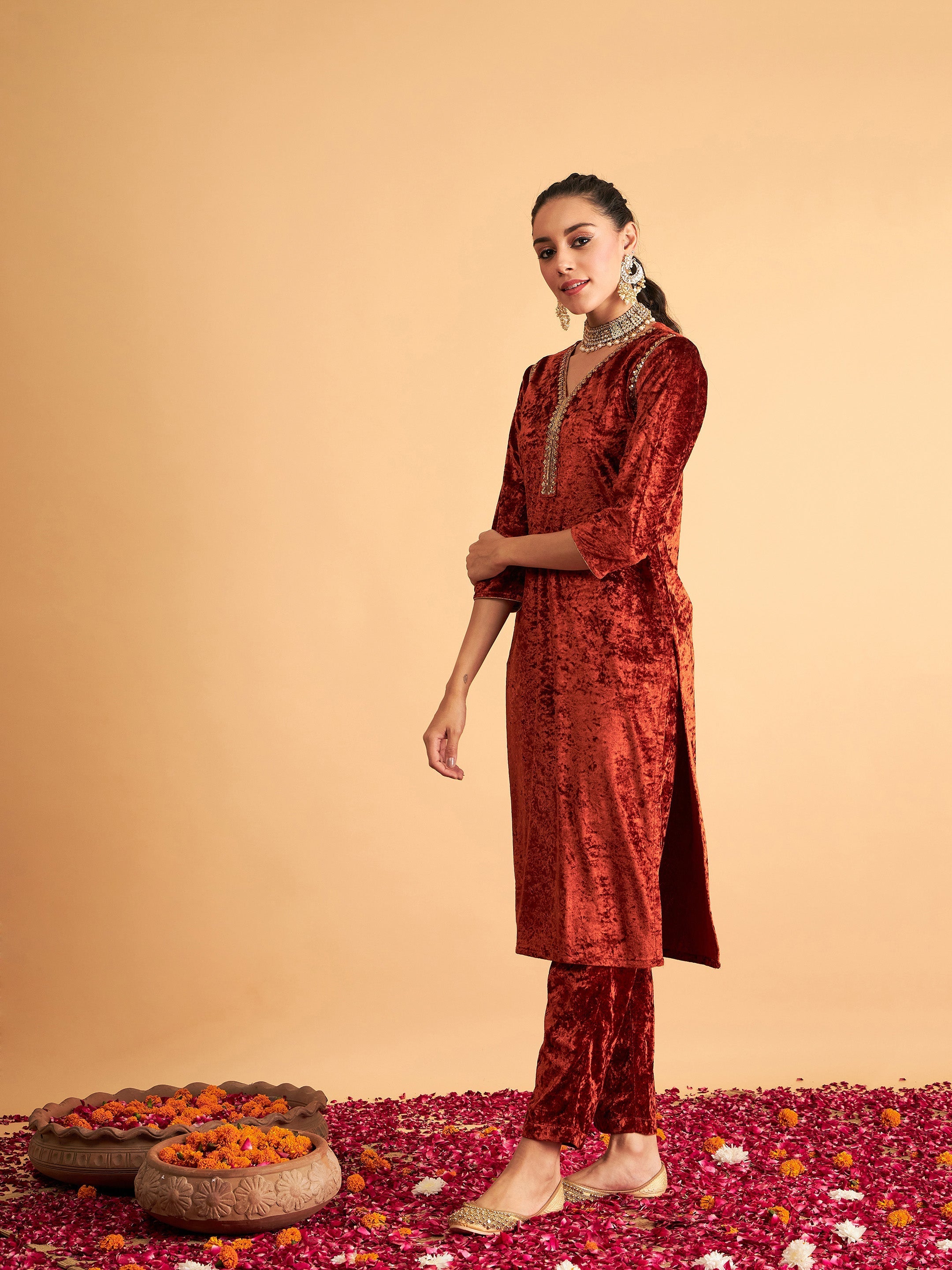 Buy Sanvara Gulab Velvet Kurta Set for Women Online in India