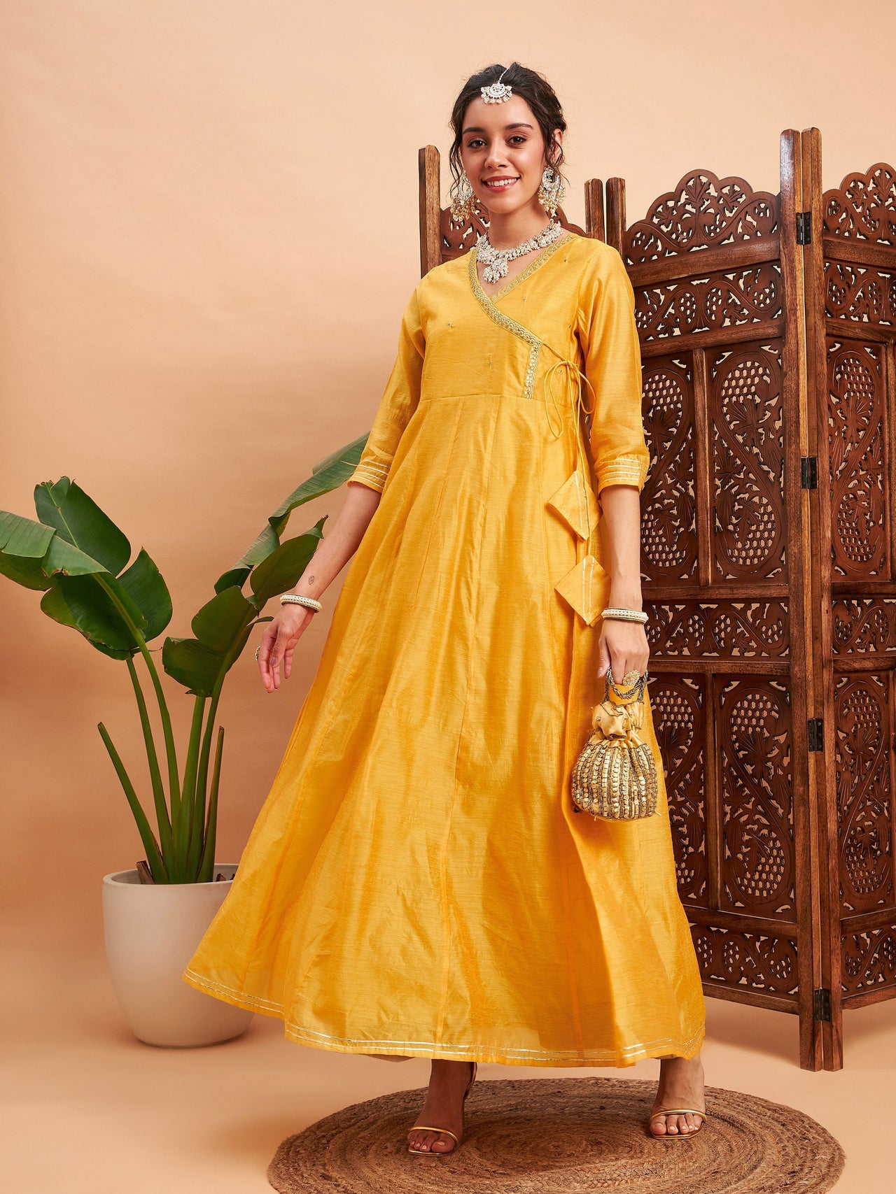 Lyush Women Yellow Chanderi Embroidered Wrap Anarkali Kurta - Distacart