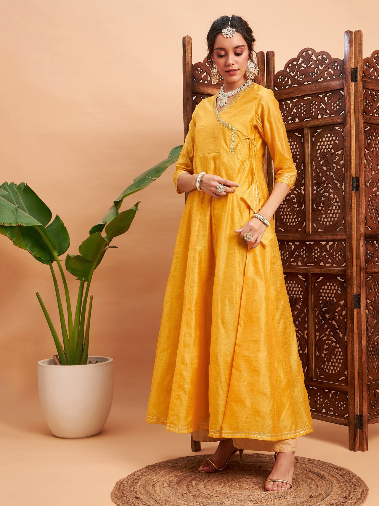 Lyush Women Yellow Chanderi Embroidered Wrap Anarkali Kurta - Distacart