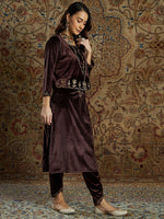 Thumbnail for Lyush Women's Brown Zari Velvet Straight Kurta Set With Waistcoat - Distacart