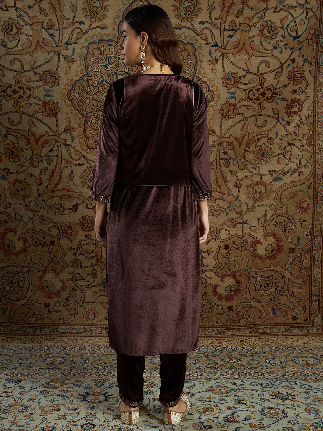 Lyush Women's Brown Zari Velvet Straight Kurta Set With Waistcoat - Distacart