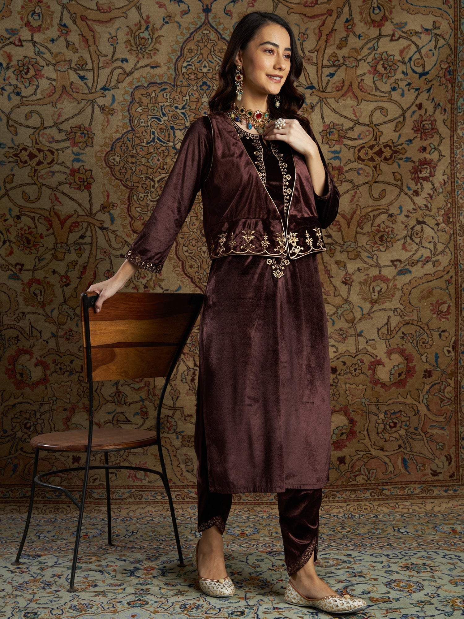 Lyush Women's Brown Zari Velvet Straight Kurta Set With Waistcoat - Distacart
