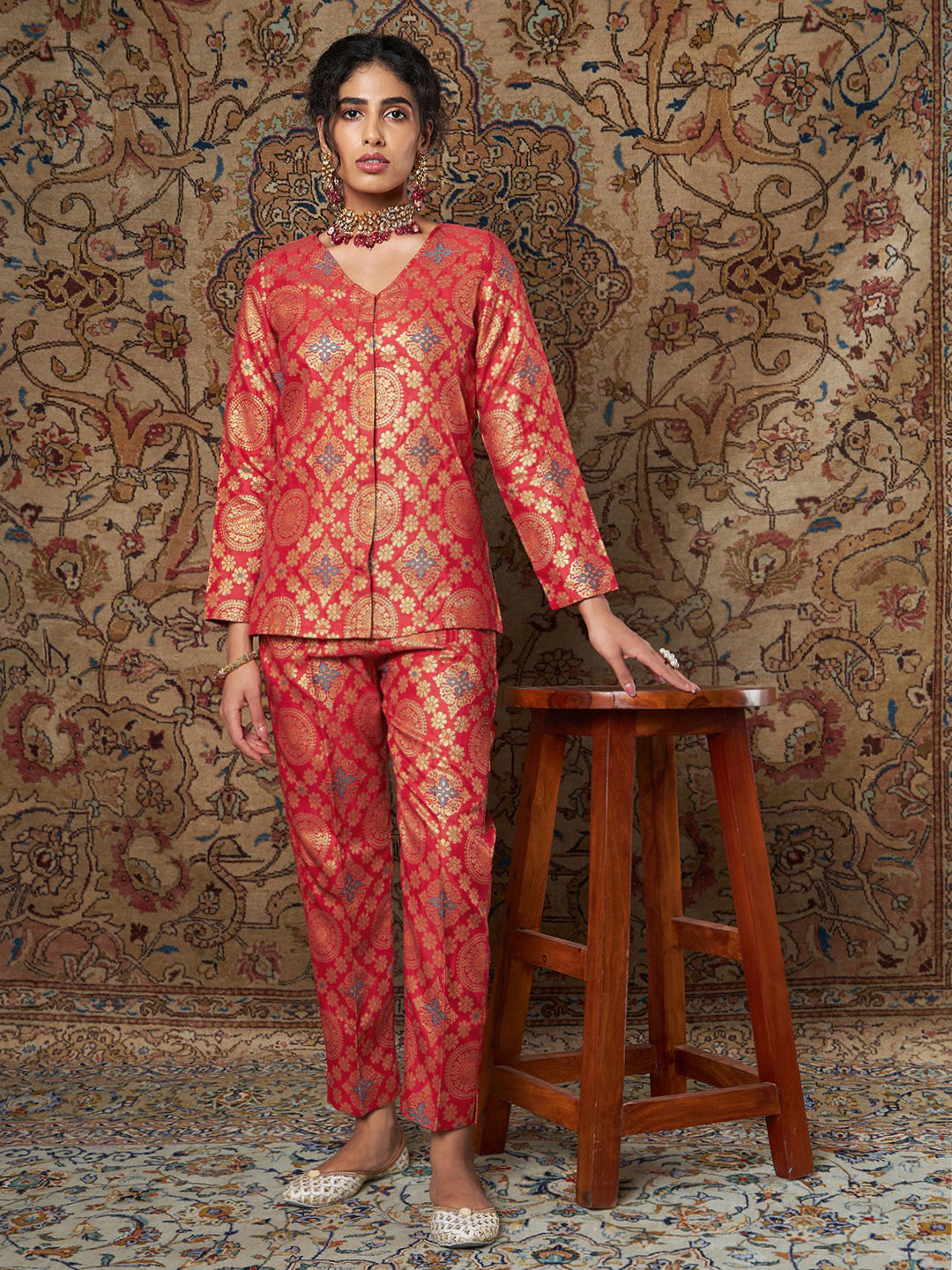 Wine Brocade Floral Print and Zari Woven Suit Set with Dupatta at Soch