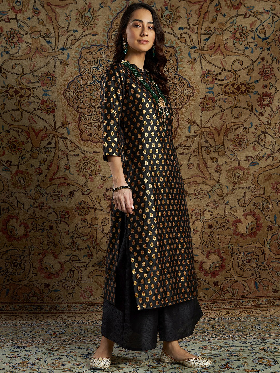 Lyush Women's Black Floral Brocade Kurta With Palazzo Pants - Distacart