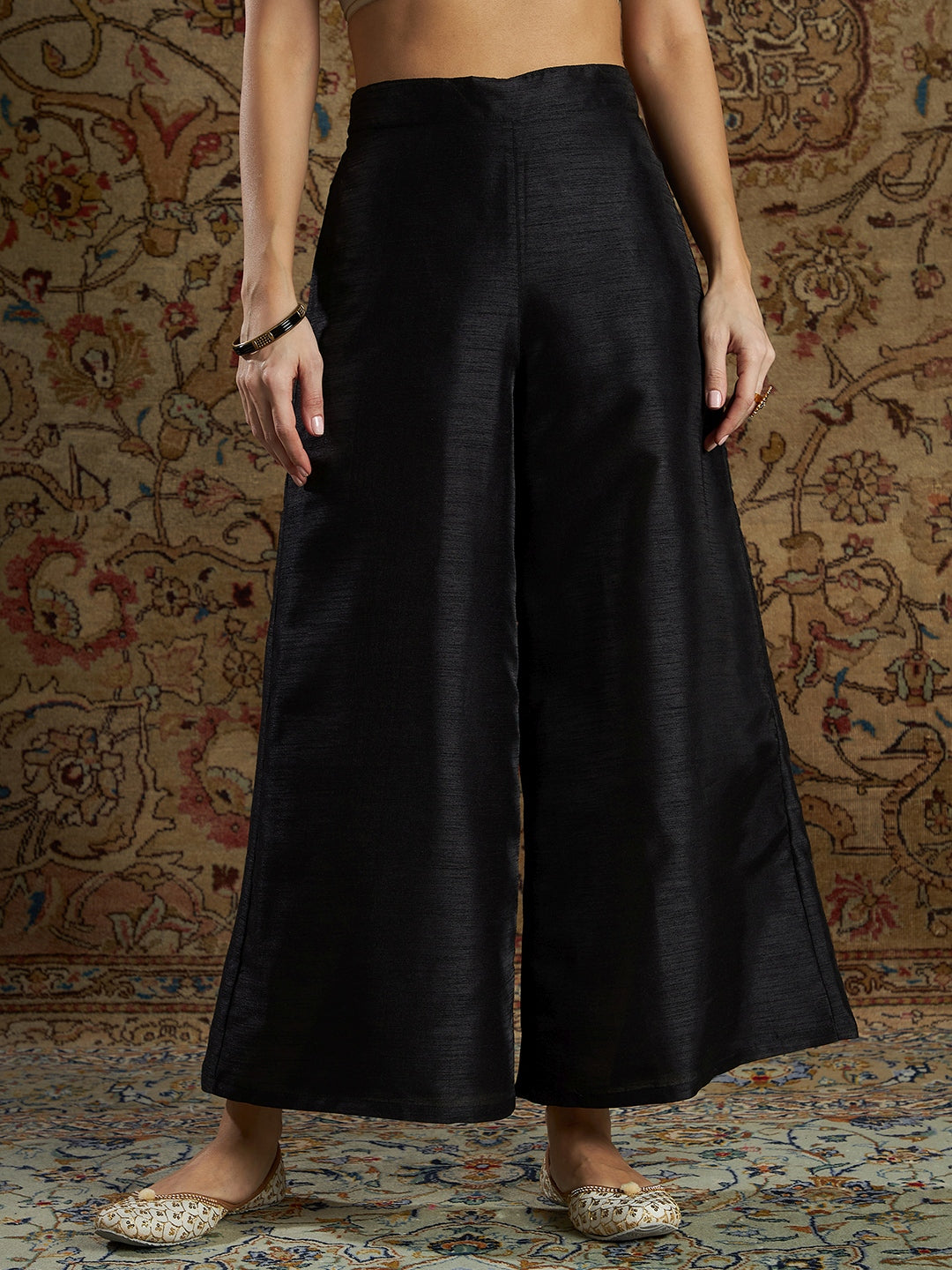 Lyush Women's Black Floral Brocade Kurta With Palazzo Pants - Distacart