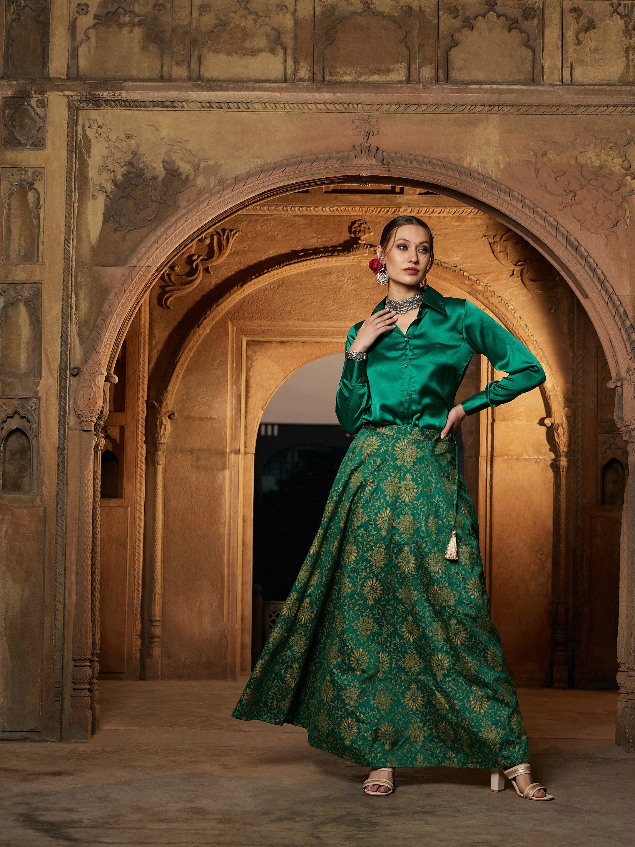 Buy Lyush Women Green Satin Shirt With Brocade Skirt Online at