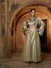 Thumbnail for Lyush Women Olive Satin Crop Top With Tulle Sequin Anarkali Skirt - Distacart
