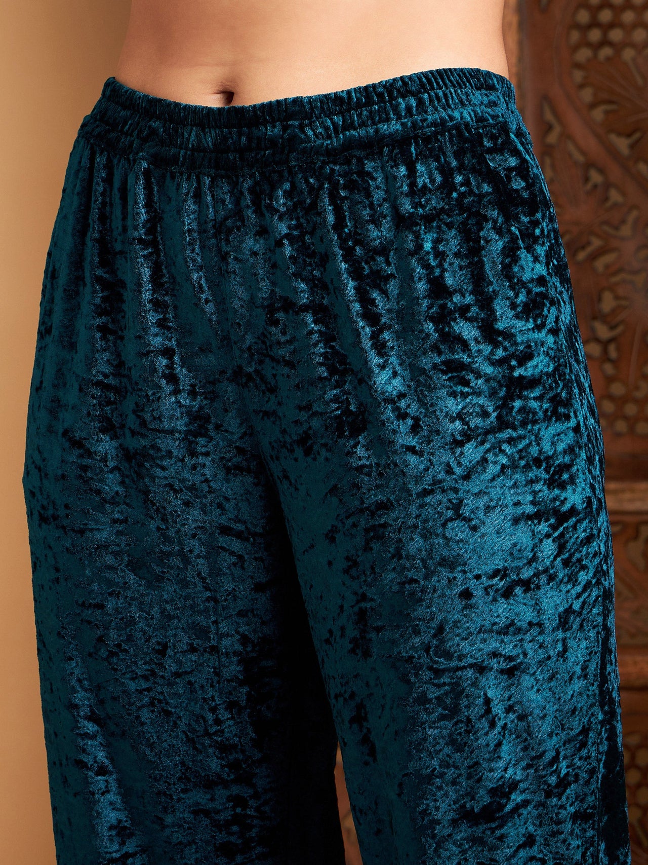 Lyush Women Teal Velvet Gota Patti Embroidered Kurta With Pants - Distacart