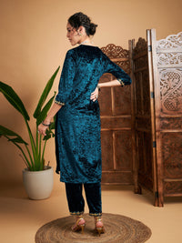 Thumbnail for Lyush Women Teal Velvet Gota Patti Embroidered Kurta With Pants - Distacart