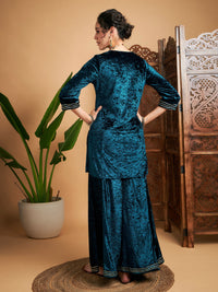 Thumbnail for Lyush Women Teal Velvet Embroidered Short Kurta With Palazzos - Distacart