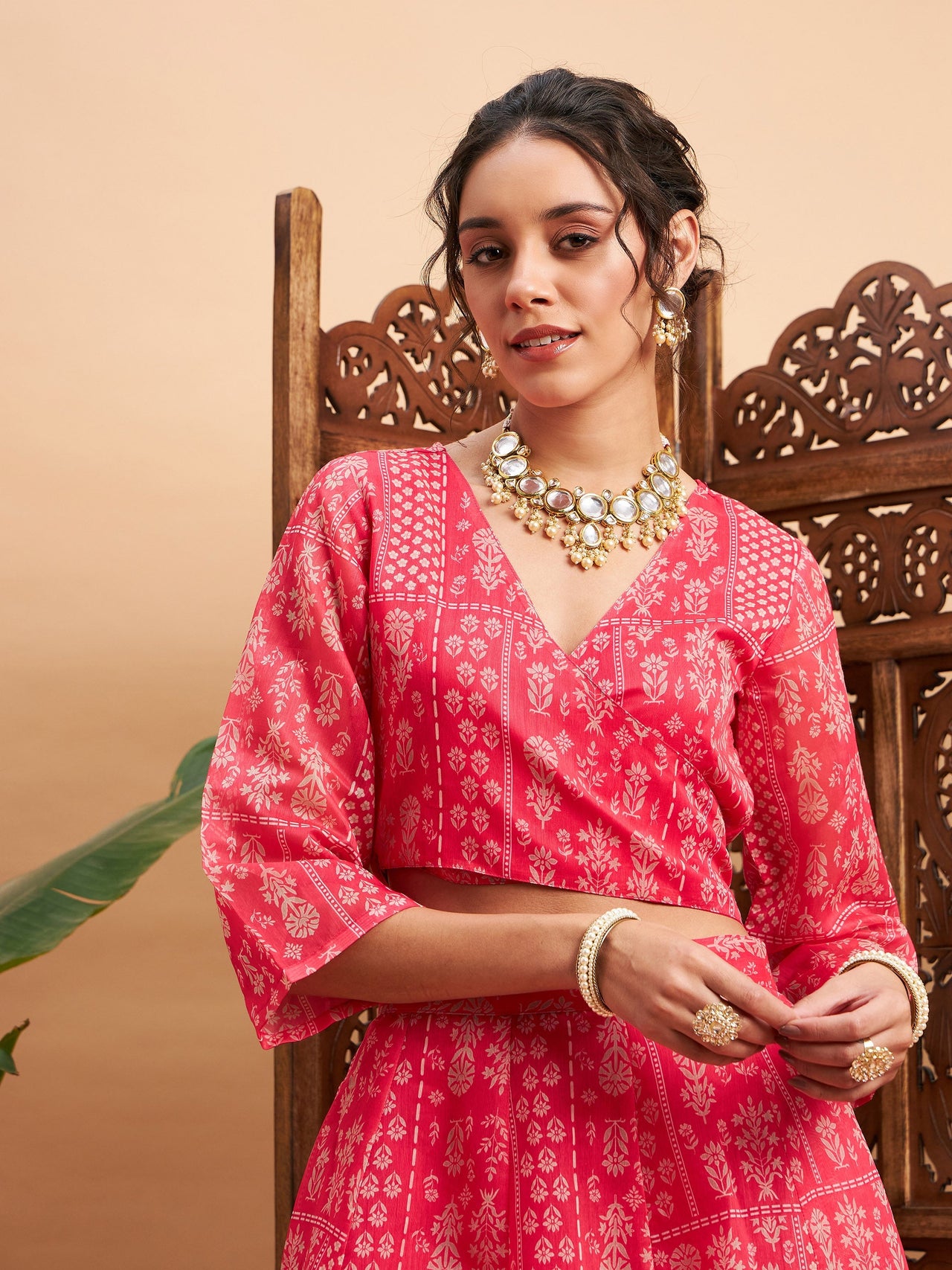 Buy Lyush Women Pink Floral Anarkali Skirt With Wrap Crop Top Online at